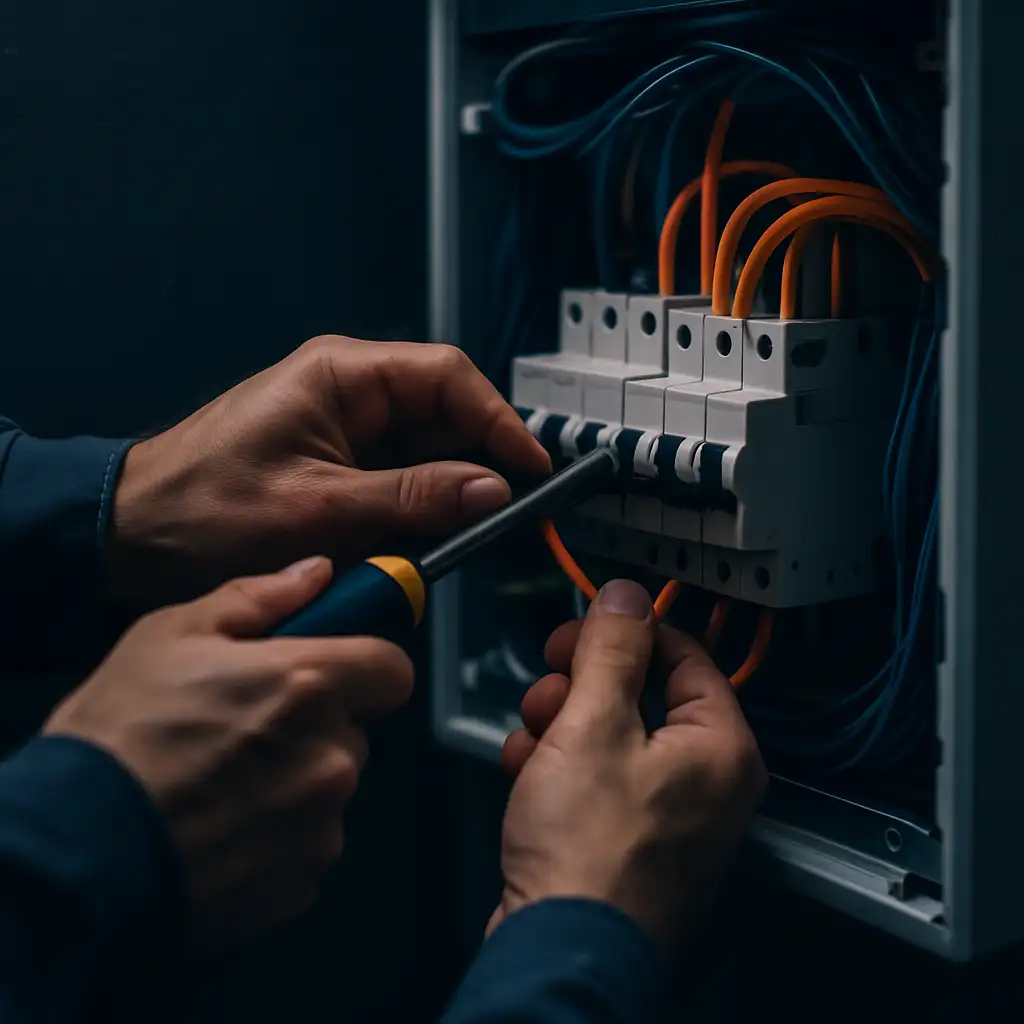 Close-up of a switchboard being wired