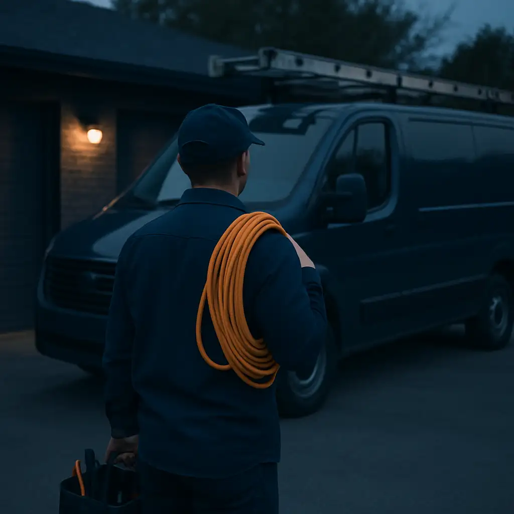 A quiet worksite with a parked service van