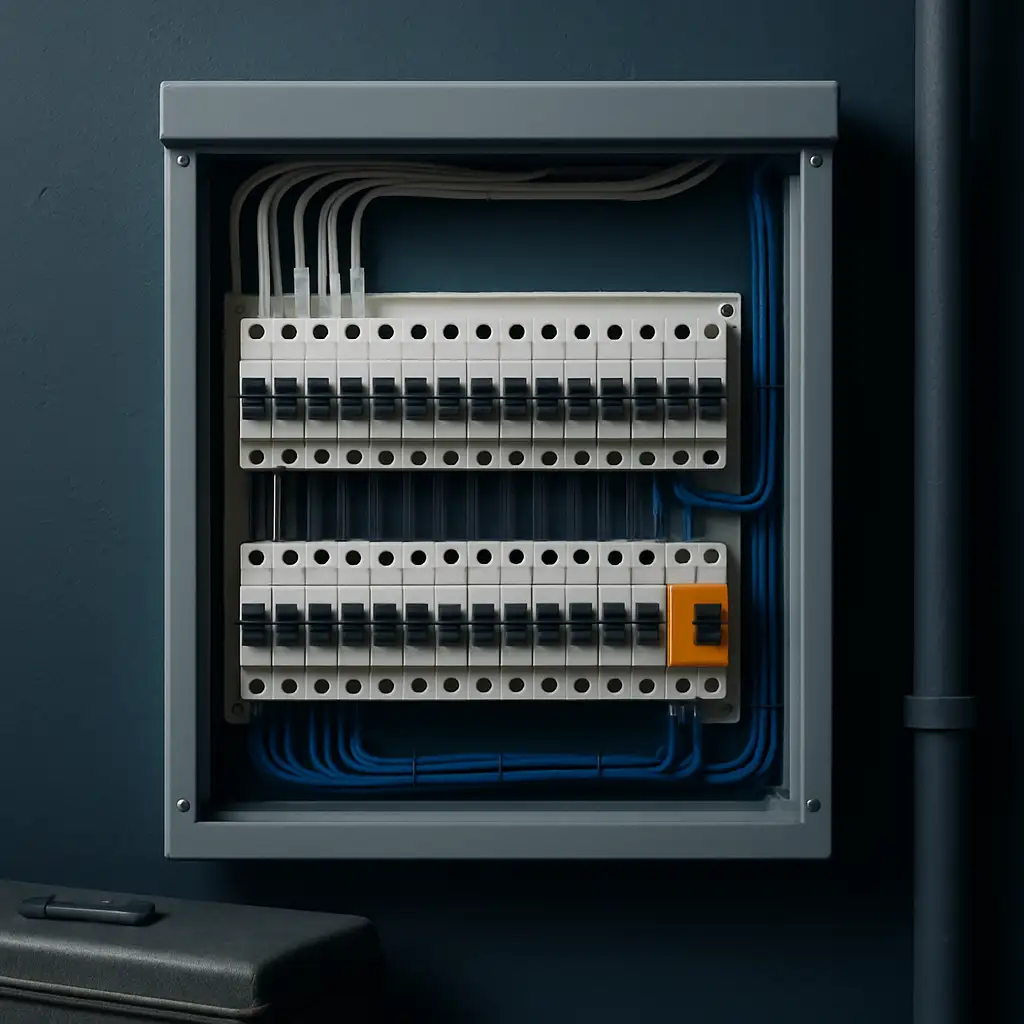 A newly wired switchboard with neat breaker rows