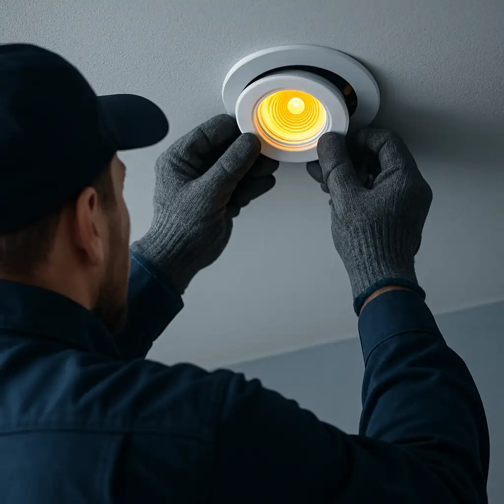 A downlight being fitted into a ceiling
