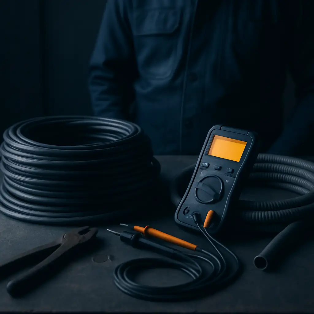 Coiled electrical cable and conduit laid out on a workbench