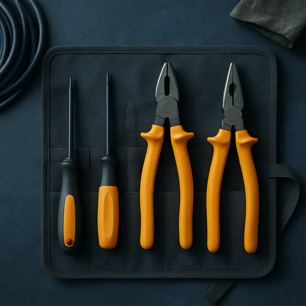 Insulated hand tools arranged on a canvas roll